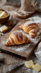 Two croissants dusted with powdered sugar on a wooden board with butter and flour in the background
