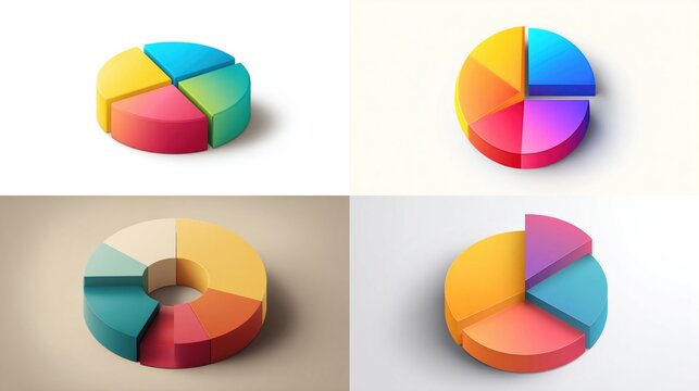 Four colorful 3D pie charts showing data distribution. Each chart displays segments