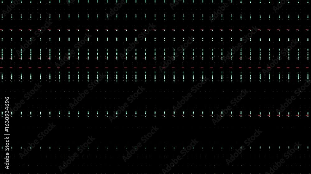 Poster a close-up view of a black and white led display with rows of lights, illuminating at night