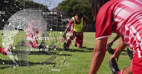 Soccer team warming up via hamstring stretch after hologram activation, syncing under data globe - Powered by Adobe