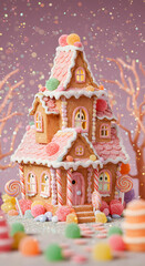 Naklejka premium Miniature haunted house with candy-like textures surrounded by floating sparkles