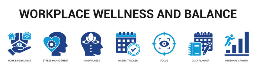 Workplace Wellness and Balance Modern and clean web banner illustration featuring thematic icons for visual communication