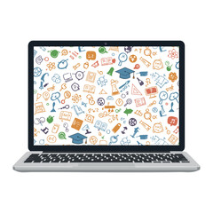 Laptop displaying educational icons and symbols for learning and knowledge. Vector illustration