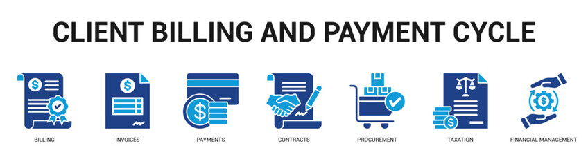Client Billing and Payment Cycle Modern and clean web banner illustration featuring thematic icons for visual communication
