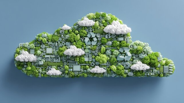 An artistic composition of cloud computing icons intertwined with CAD tools featuring visual indicators of sustainability such as leaves and recycling symbols to embody the theme of