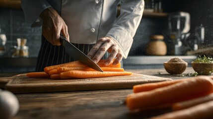 Chef slicing carrots precisely