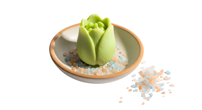 Green Flower Shaped Soap Sits in Bowl with Colorful Salt Crystals on Transparent Background