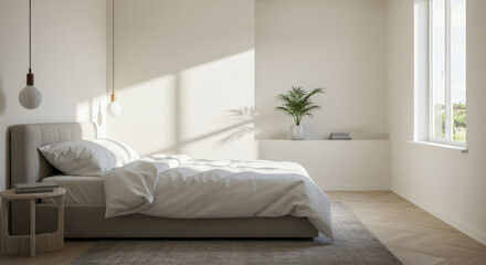 Bright and airy minimalist bedroom with natural light and soft neutral tones