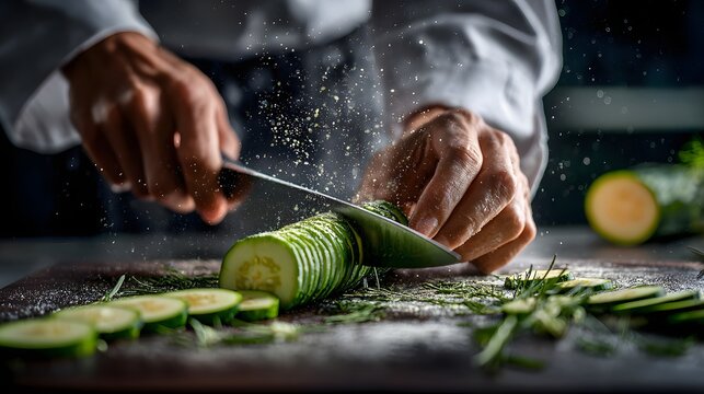 Action shot of chef cutting zucchini on cutting board