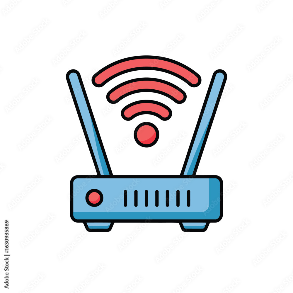 Poster blue router with red wifi signal and antennas wireless connection