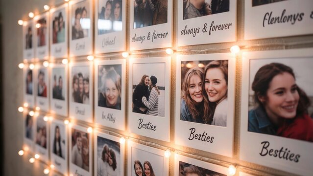 Close up of a wall decorated with polaroid photos and string lights creating a warm and cozy atmosphere