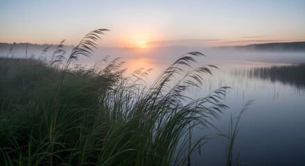 A calm lake with tall grass and fog on the water, during a sunrise in the peaceful early morning