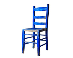 Aged wooden chair, vibrant blue.