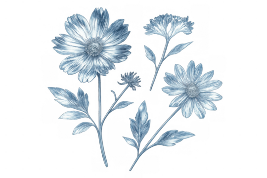 Pencil drawing of light blue flowers with transparent background, perfect for adding a touch of elegance to any project