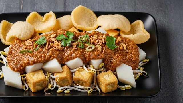 Authentic Indonesian Tofu and Rice Cake Salad with Savory Peanut Sauce and Crispy Krupuk on Black Plate