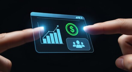 Fingers interact with futuristic holographic display showing financial growth and team icons.