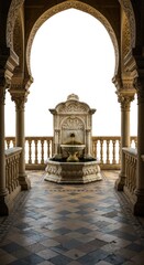 Fototapeta premium An old stone balcony featuring a decorative water fountain at its center, flanked by intricately carved railings on both sides. The floor is adorned with detailed geometric tile patterns, all set agai