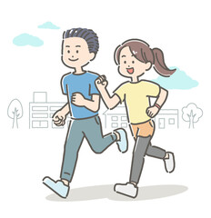 屋外でジョギングする若い男女カップルのイラスト
