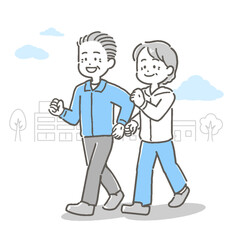 Fototapeta premium 屋外をウォーキングするシニア男女カップルのイラスト 