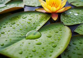 Serene Water Lilies with Droplets and a Bloom