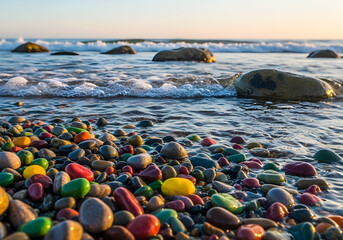 Colorful Pebbles on the Beach with Ocean Waves in the Background
