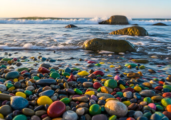 Colorful Pebbles on a Tranquil Beach with Waves in the Background