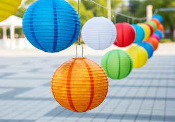 Colorful Paper Lanterns Decorate an Outdoor Space for Festive Celebrations