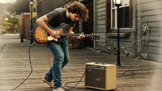 Young man playing electric guitar passionately on wooden street with vintage amplifier nearby
