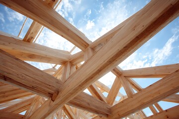 New Wooden Roof Framework Against Blue Sky, Construction Site, Timber Frame, Building a House, Wood Beams, Carpentry