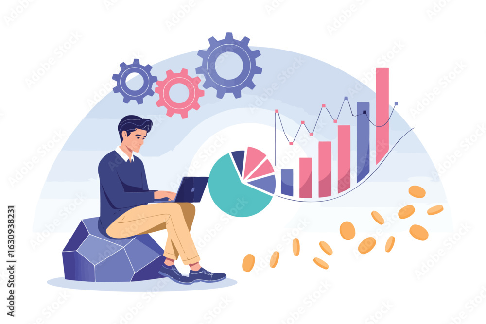 Poster man analyzing financial data with laptop and charts analysis