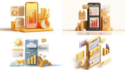 Four mobile phone app visuals, showcasing data charts, calendars, and weather displays