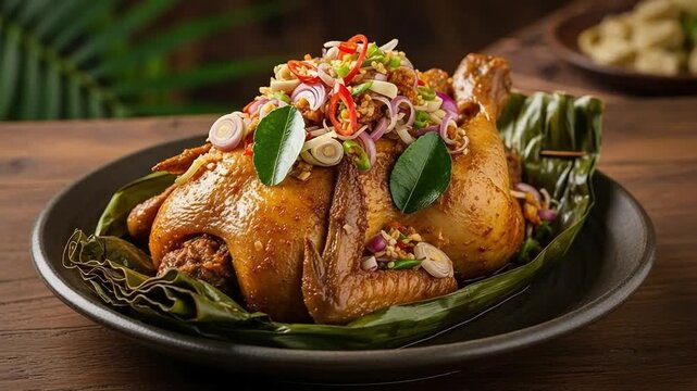 Whole Roasted Chicken with Fresh Herbs and Spices on Banana Leaf, Traditional Asian Cuisine Dish