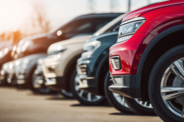 Obraz premium A dynamic eye-level shot captures a row of new SUVs in a car dealership, with golden sunlight in the blurred background. Ideal for themes of car sales, modern vehicles, and finance.