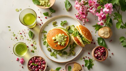 A colorful, fresh meal featuring a burger with greens, surrounded by salads, drinks, and flowers, creating a vibrant dining experience.
