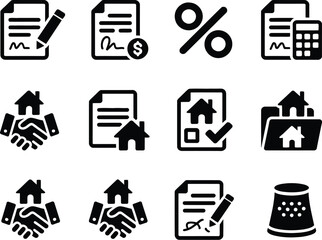 Real estate Icon set: Diverse vector icons that symbolize various aspects of the real estate field, from documents and contracts to calculations and agreements. 