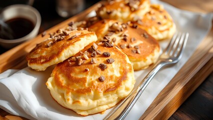Fluffy pancakes topped with chocolate chips and nuts served on a wooden platter, perfect for breakfast or brunch.