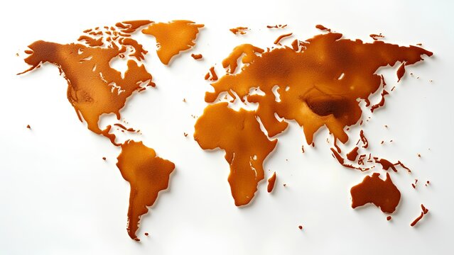 A stylized, brown-toned map of the world, showcasing continents cut out against a white background, emphasizing global geography and artistry.