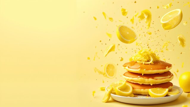 A vibrant stack of pancakes topped with lemon zest and surrounded by flying lemon slices against a bright yellow background.