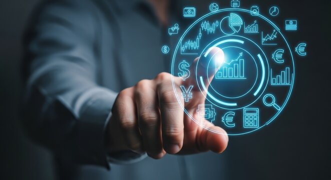 Businessman's Finger Interacts with Futuristic Financial Data Visualization Interface