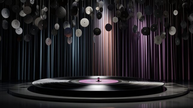 A fusion of retro sound and modern design—this vinyl podium creates a theatrical setting for showcasing products. Floating records and soft lighting evoke nostalgia and artistic sophistication.