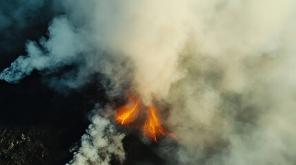Aerial View of Volcanic Eruption, fiery lava and smoke billowing into the atmosphere, a breathtaking spectacle of nature's raw power.