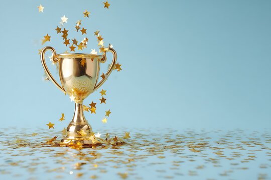 Golden trophy gleaming with star confetti, symbolizing victory, achievement, and celebration on a light blue background, perfect for awards and recognition