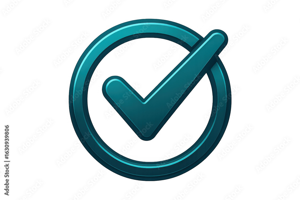 Poster metallic teal 3d checkmark representing verification, success, and accomplishment on transparent bac