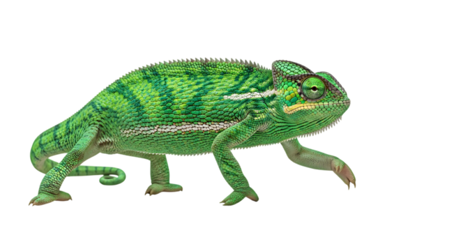 Vibrant green chameleon walking isolated on transparent background showcasing intricate skin texture and adaptable camouflage in wildlife photography