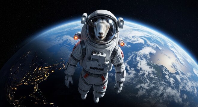 A goat astronaut floating in space with earth in the background wearing a spacesuit and helmet gear
