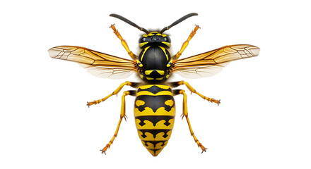 Fototapeta premium Detailed Macro View of a Yellow Jacket Wasp Showing Intricate Wing Patterns and Segmented Abdomen Isolated on Transparent Background