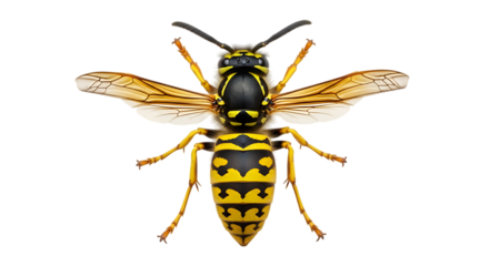 Detailed Macro View of a Yellow Jacket Wasp Showing Intricate Wing Patterns and Segmented Abdomen Isolated on Transparent Background