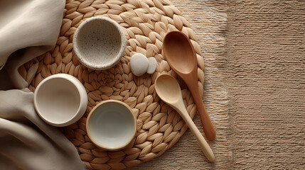 Earthy kitchenware arrangement: wooden spoons, small bowls, and smooth stones on textured mats.