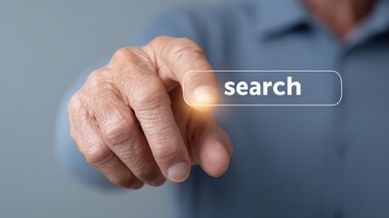 Online technology learning by the elderly. Adaptation of the elderly. The finger of an elderly person interacting with a search engine interface.