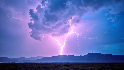 Dramatic Lightning Storm Nature Power, Electric Purple Blue Sky, Cumulonimbus Clouds, Rugged Landscape, Weather Phenomenon, High Contrast Storm, Majestic Thunderstorm, Awe-Inspiring Nature, Editorial 